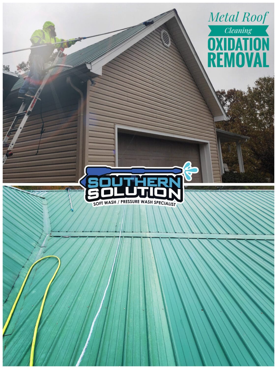 A professional inspecting a metal roof before cleaning.